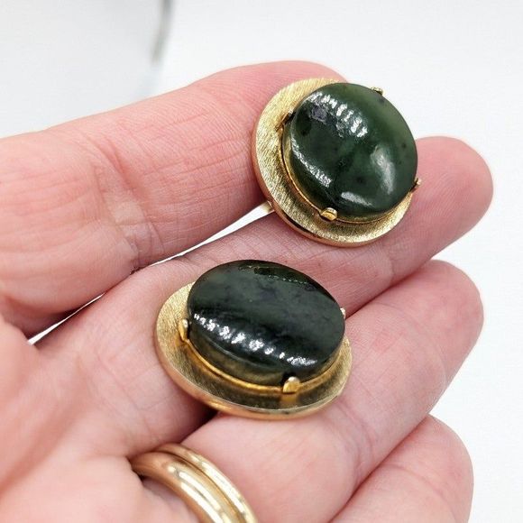 Signed Vintage SWANK Karat Gold MCM Genuine Jade Cufflinks & Tie Tack Pin Set - Picture 3 of 12